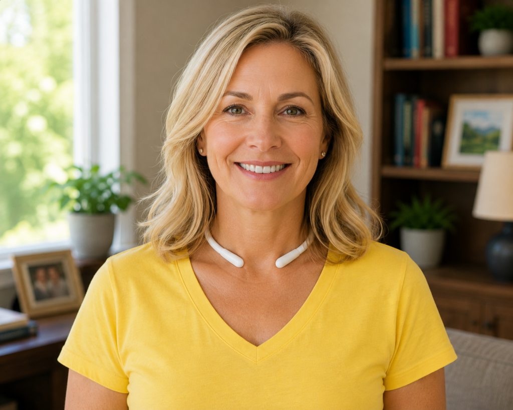Woman wearing the Resona BlueVie around her neck